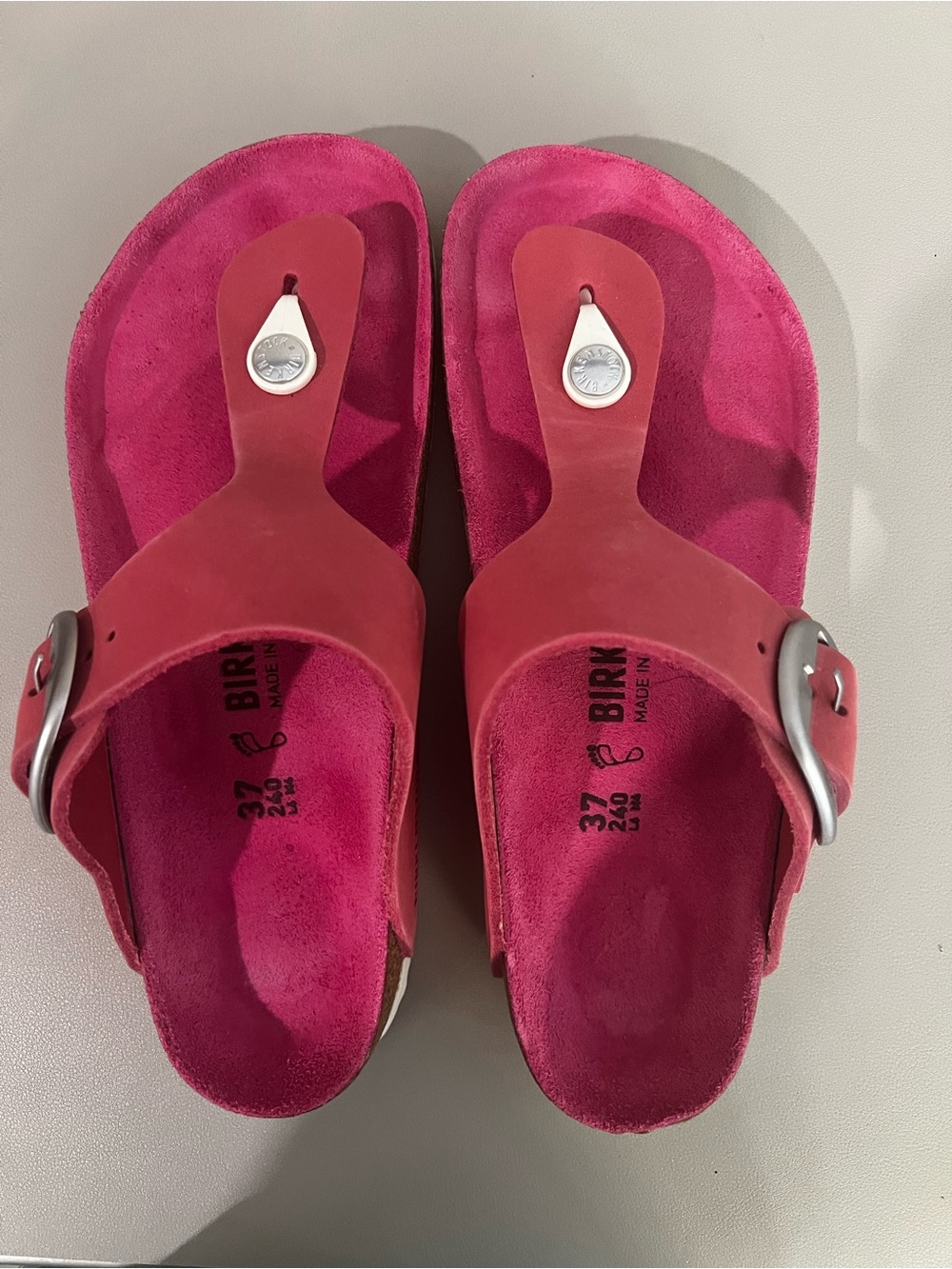 Birkenstock Fuchsia Suede Toe-Post Sandals with Silver Buckles